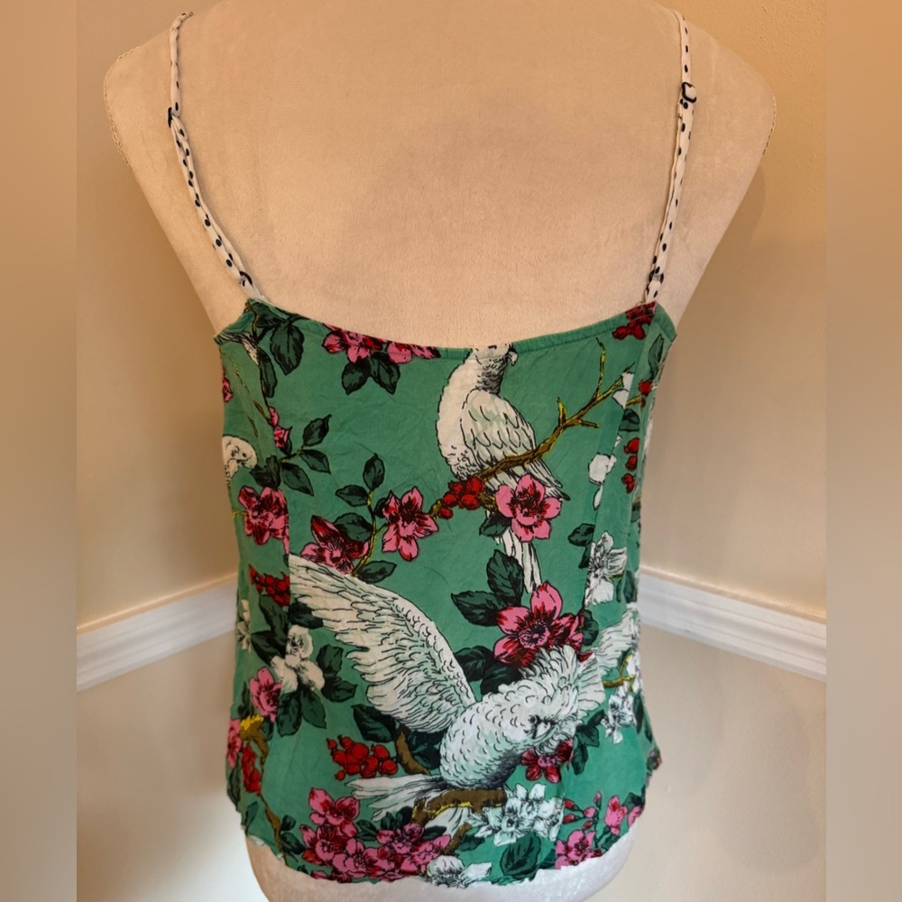 Anthropologie Green w/Pink Floral, Bird Print, Polka Dots Cami Women’s Top — S - Picture 5 of 7